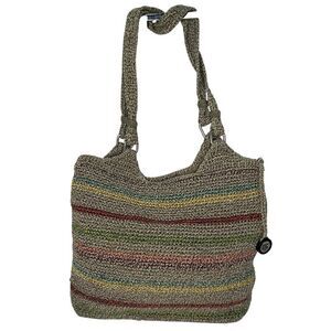 THE SAK Voyager Crochet Gray Stripped Belle Shoulder Tote Bohemian Medium Bag